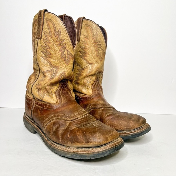 Justin Boots Brown Tan Leather Western Cowboy Boots Size 10 Decorative Stitching - Picture 1 of 6